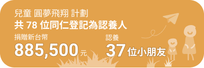 兒童圓夢飛翔計畫：78 位同仁登記為認養人，捐贈 885,500 元，認養 37 位小朋友